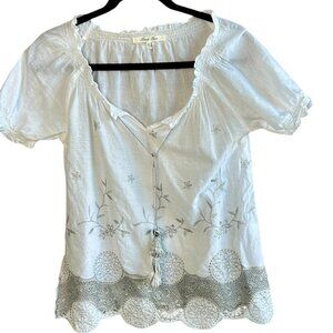Purple Clover White Silver Embroidered Peasant Top